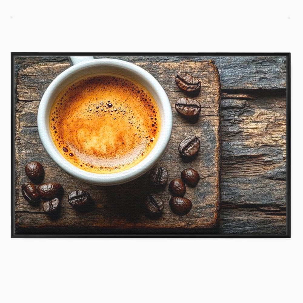 Tablou canvas cu ceasca de espresso si boabe de cafea, in rama de aluminiu negru