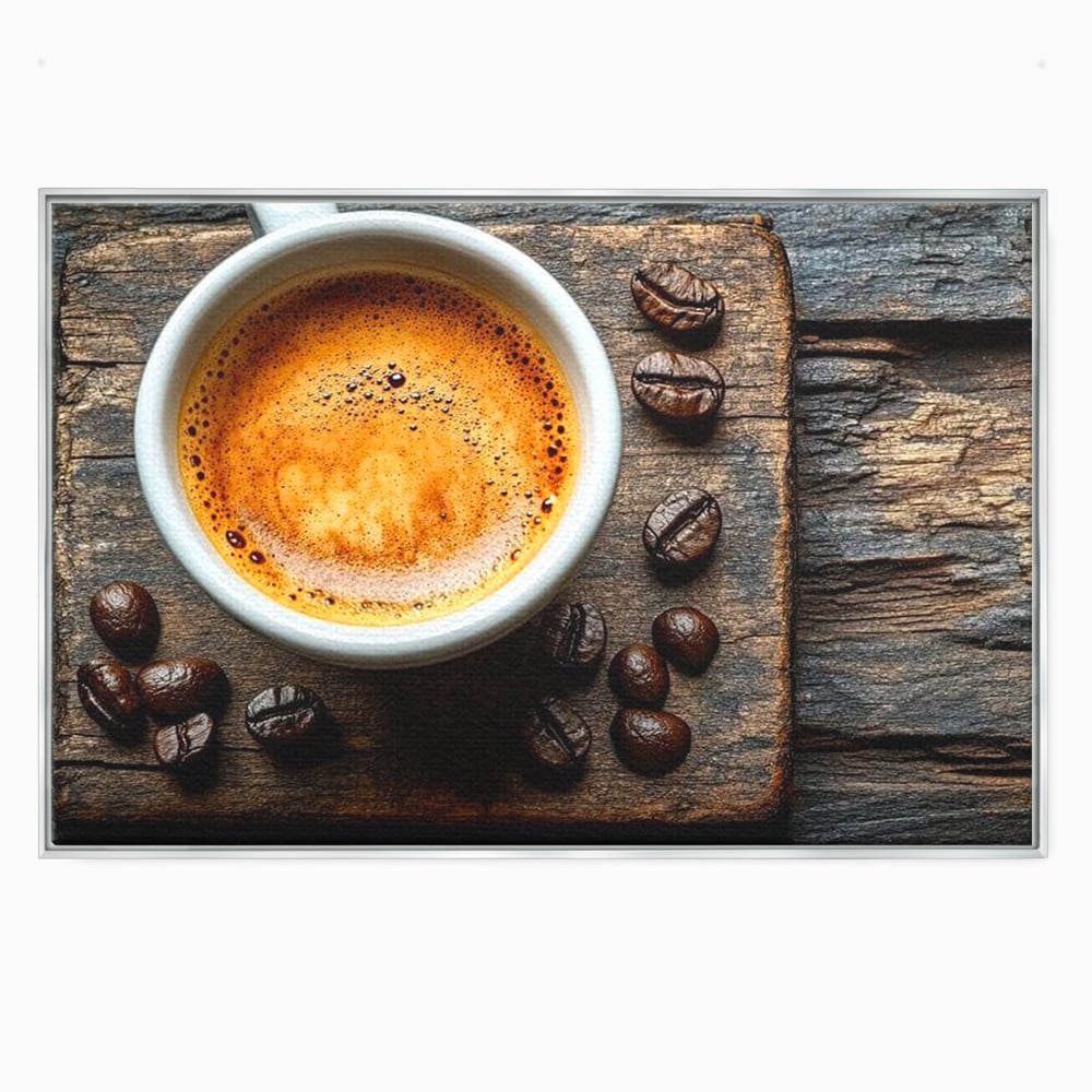 Tablou canvas cu ceasca de espresso si boabe de cafea, in rama de aluminiu argintiu