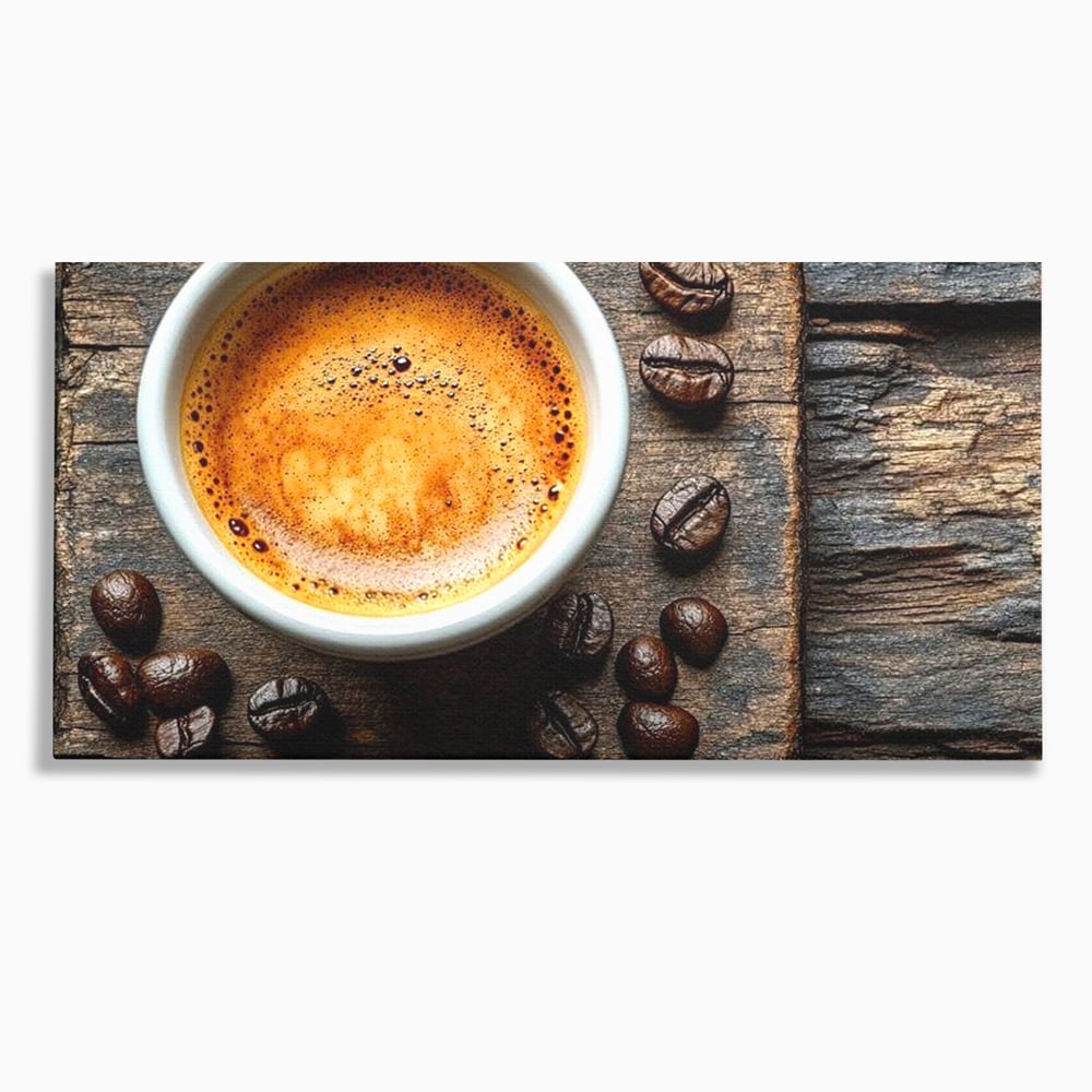 Tablou canvas cu ceasca de espresso si boabe de cafea, fara rama, pe sasiu de lemn