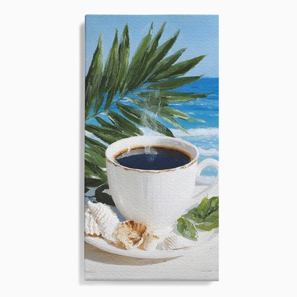 Tablou canvas cu tablou canvas cu ceasca de cafea pe plaja, fara rama, pe sasiu de lemn
