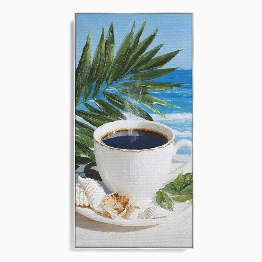 Tablou canvas cu tablou canvas cu ceasca de cafea pe plaja, in rama de aluminiu argintiu