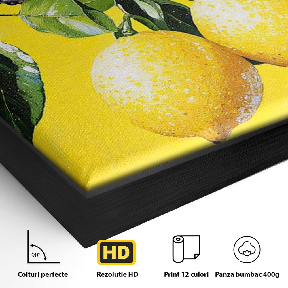 Detaliu al suprafetei: tablou canvas cu doua lamai si frunze, in rama de aluminiu negru