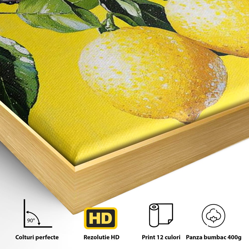Detaliu al suprafetei: tablou canvas cu doua lamai si frunze, in rama de aluminiu auriu