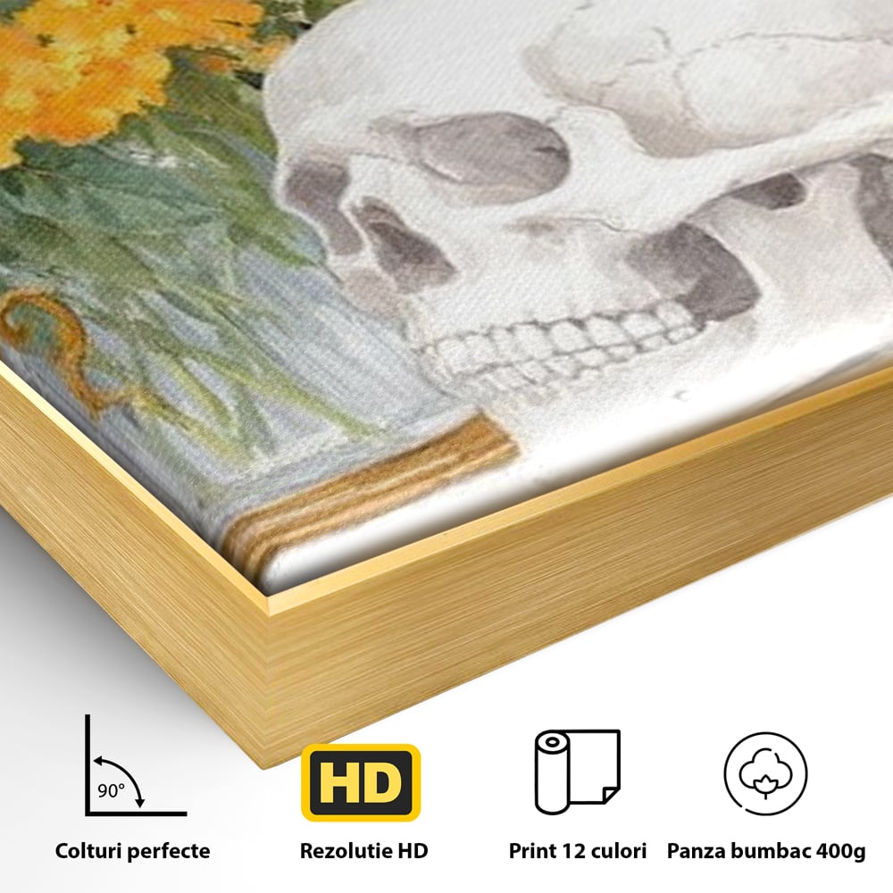 Detaliu al suprafetei: tablou canvas cu pisici negre si craniu, in rama de aluminiu auriu