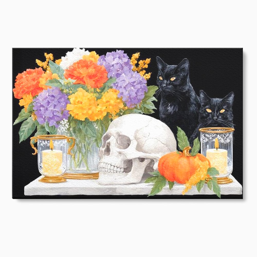 Tablou canvas cu tablou canvas cu pisici negre si craniu, fara rama, pe sasiu de lemn