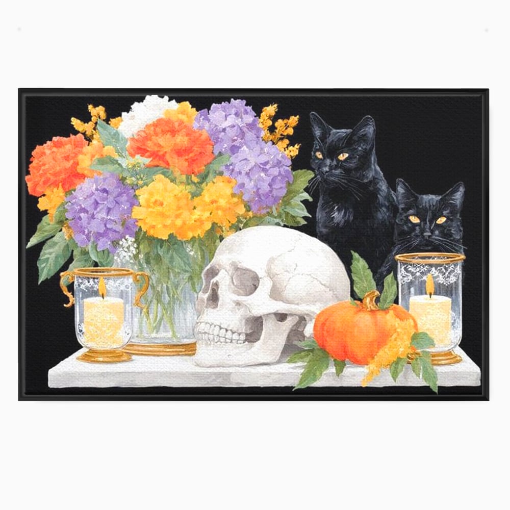 Tablou canvas cu tablou canvas cu pisici negre si craniu, in rama de aluminiu negru