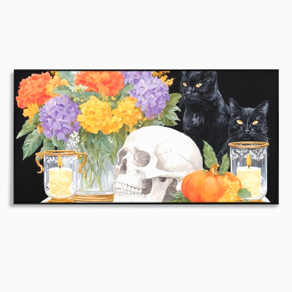 Tablou canvas cu tablou canvas cu pisici negre si craniu, in rama de aluminiu negru