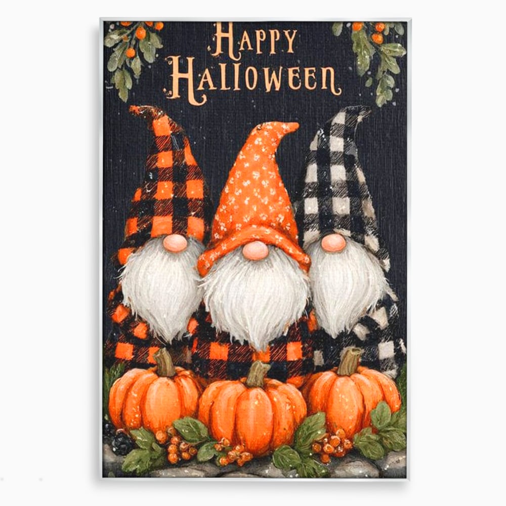 Tablou canvas cu ilustratie cu trei gnomi de halloween, in rama de aluminiu argintiu
