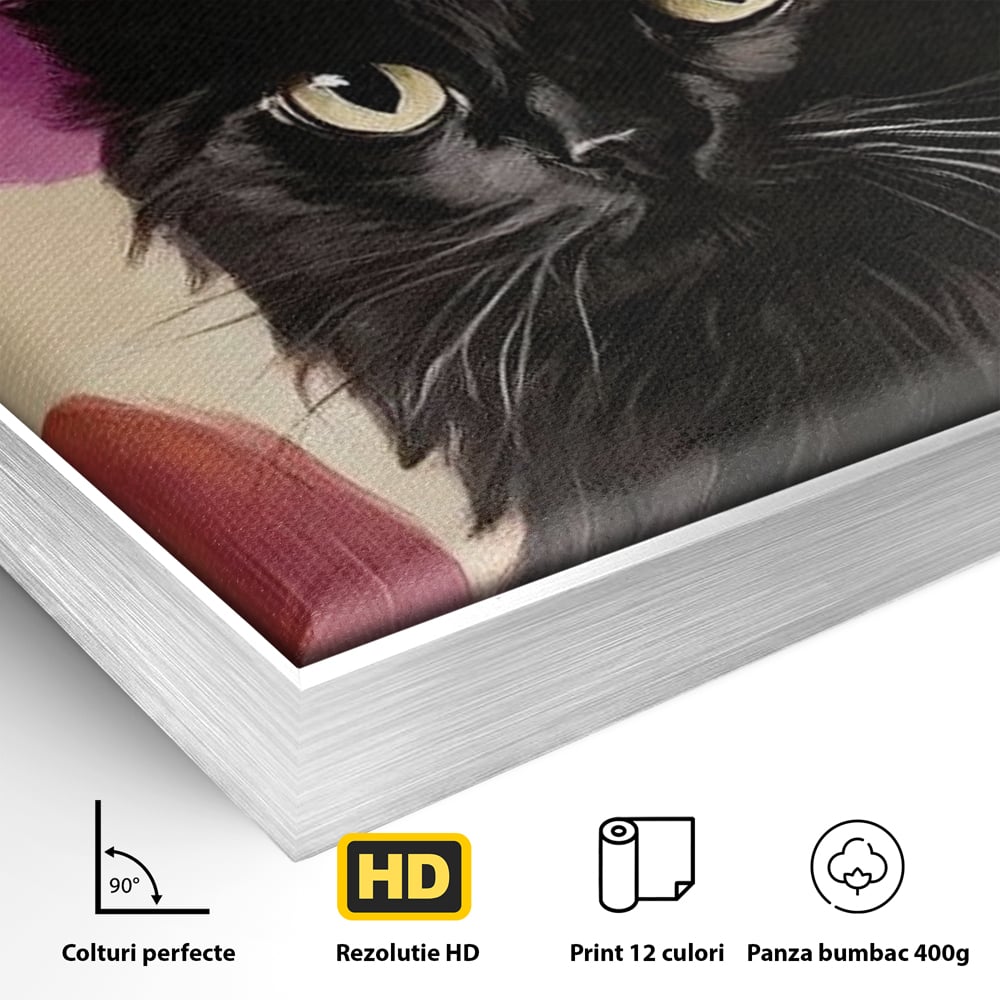 Detaliu al suprafetei: tablou canvas cu pisica neagra si palarie, in rama de aluminiu argintiu