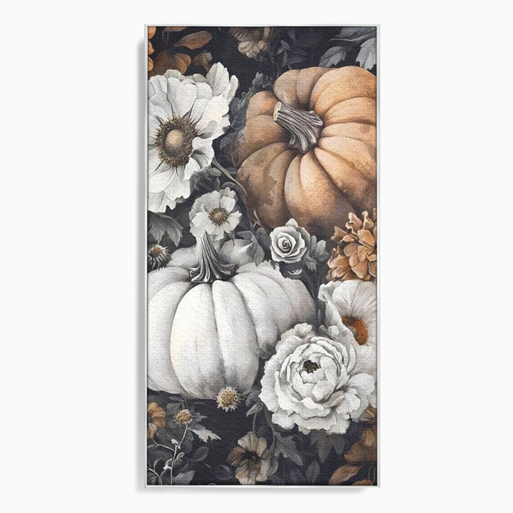 Tablou canvas cu ilustratie cu dovleci si flori de toamna, in rama de aluminiu argintiu