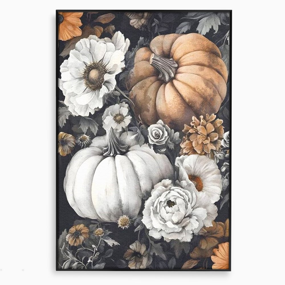 Tablou canvas cu ilustratie cu dovleci si flori de toamna, in rama de aluminiu negru