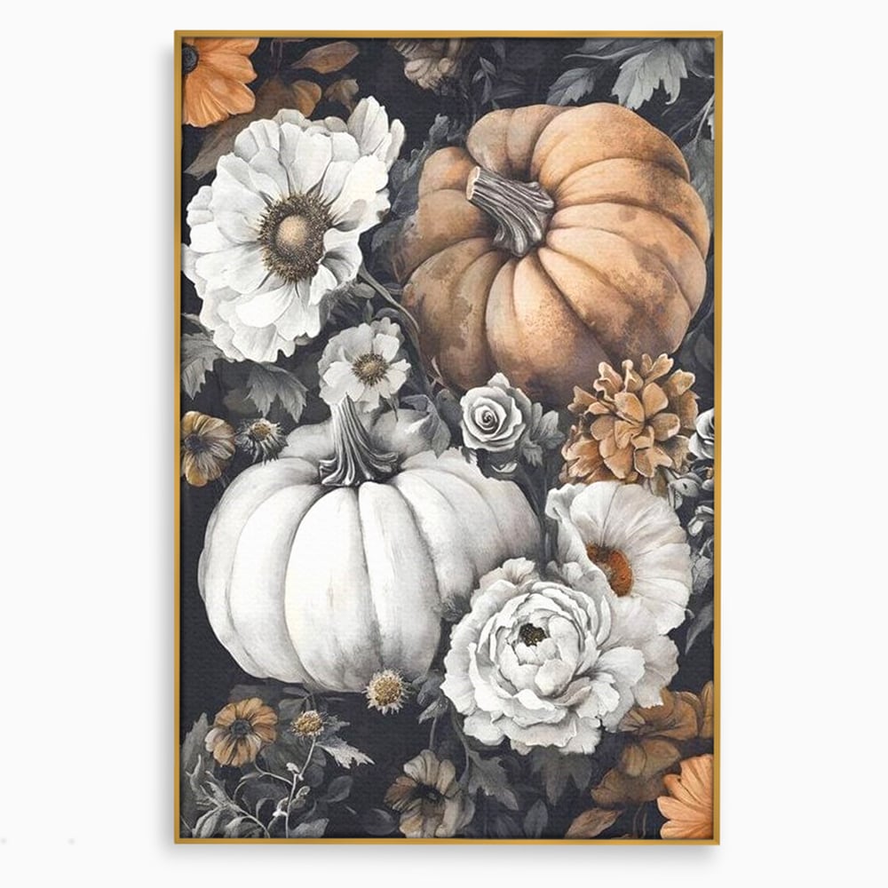 Tablou canvas cu ilustratie cu dovleci si flori de toamna, in rama de aluminiu auriu
