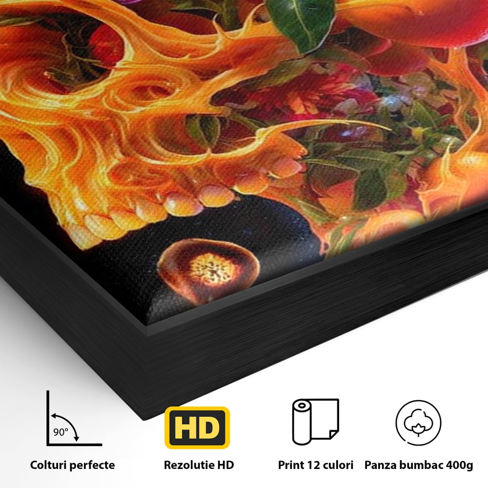 Detaliu al suprafetei: tablou canvas cu craniu din portocale, in rama de aluminiu negru