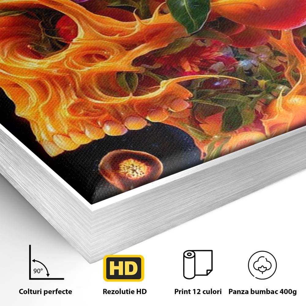 Detaliu al suprafetei: tablou canvas cu craniu din portocale, in rama de aluminiu argintiu