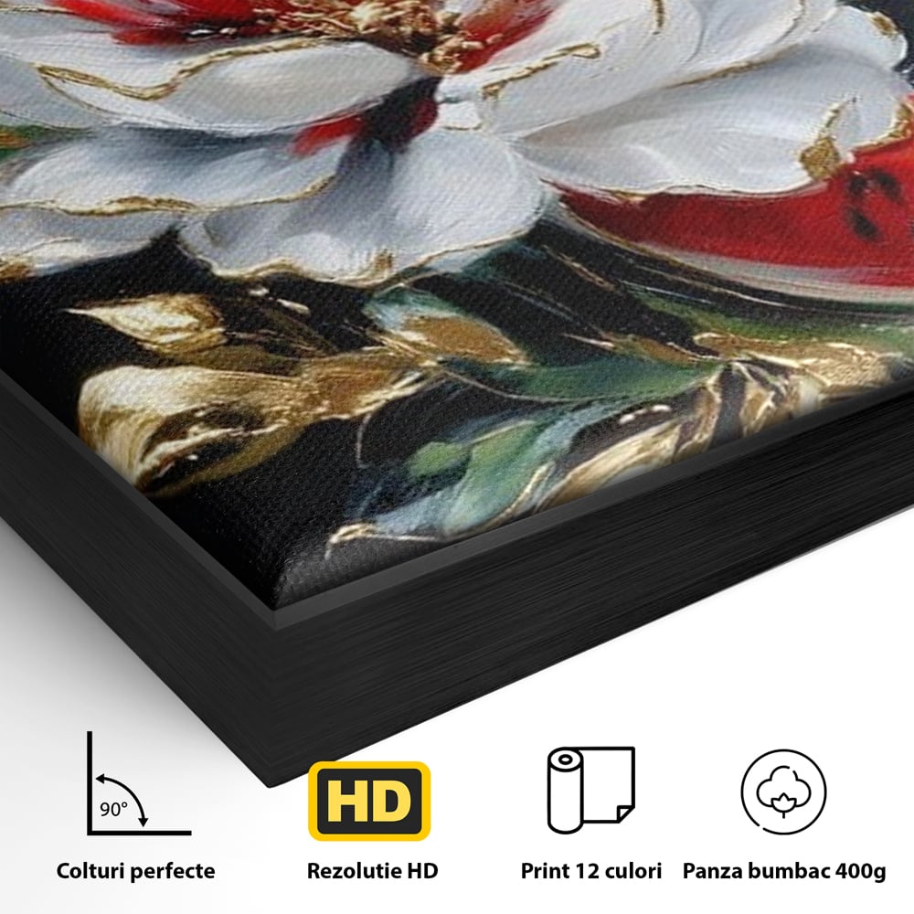 Detaliu al suprafetei: tablou canvas cu floare si pepene, in rama de aluminiu negru