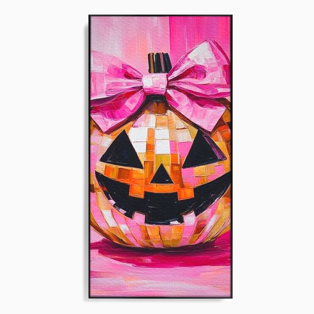 Tablou canvas cu tablou canvas cu dovleac roz si fundita, in rama de aluminiu negru