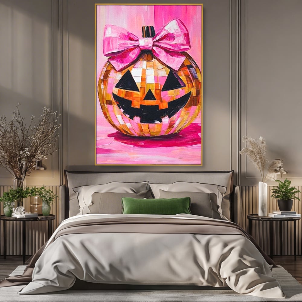 Tablou canvas cu tablou canvas cu dovleac roz si fundita, in rama de aluminiu auriu, pe perete intr-un dormitor