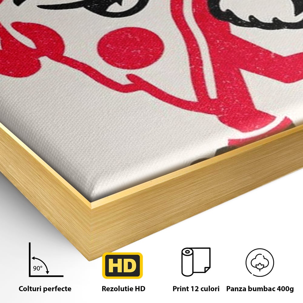 Detaliu al suprafetei: ilustratie retro cu felie de pizza, in rama de aluminiu auriu