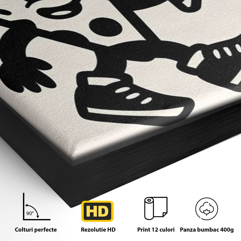 Detaliu al suprafetei: ilustratie retro cu mascota pizza, in rama de aluminiu negru