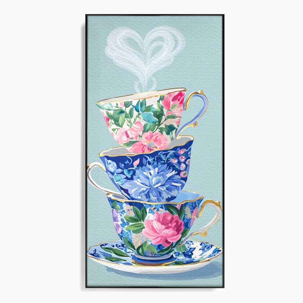 Tablou canvas cu pictura cu stiva de cesti de ceai, in rama de aluminiu negru