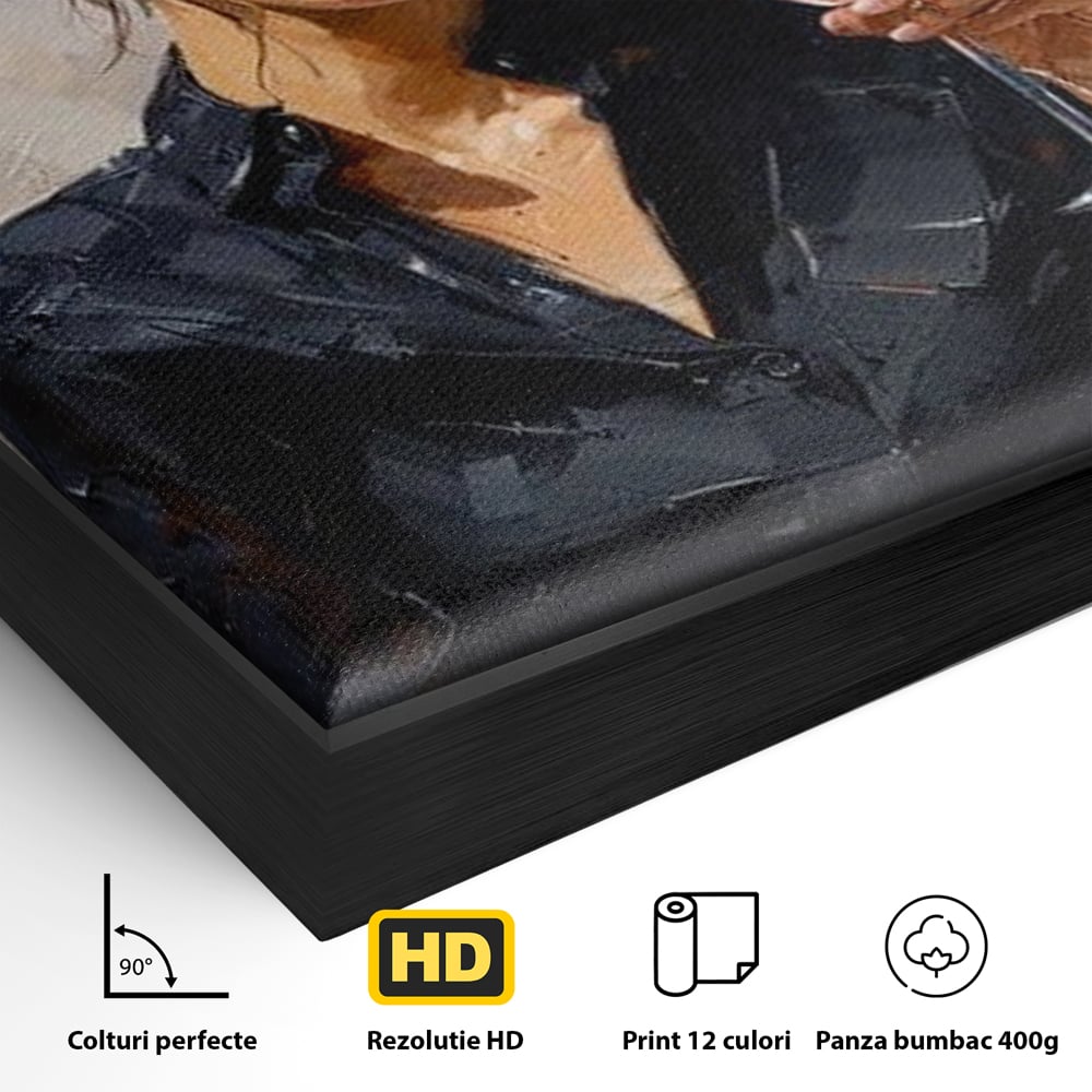 Detaliu al suprafetei: tablou canvas cu femeie si pahar de vin, in rama de aluminiu negru