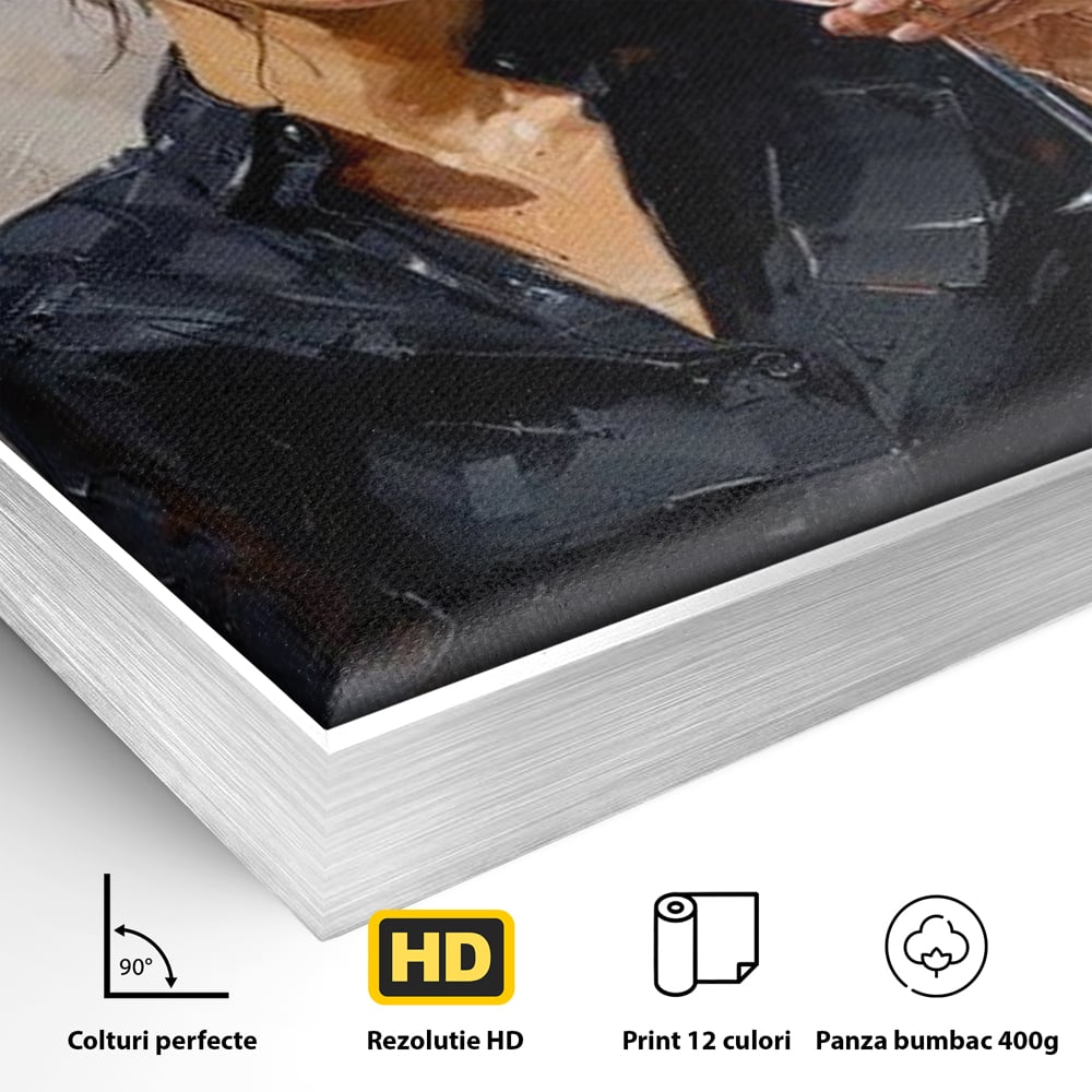 Detaliu al suprafetei: tablou canvas cu femeie si pahar de vin, in rama de aluminiu argintiu