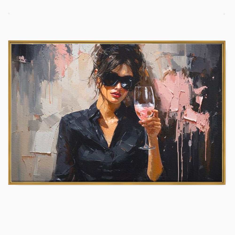 Tablou canvas cu tablou canvas cu femeie si pahar de vin, in rama de aluminiu auriu