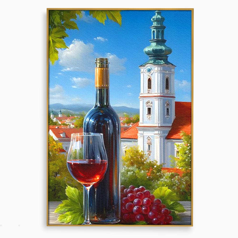 Tablou canvas cu pictura cu sticla de vin si manastire, in rama de aluminiu auriu