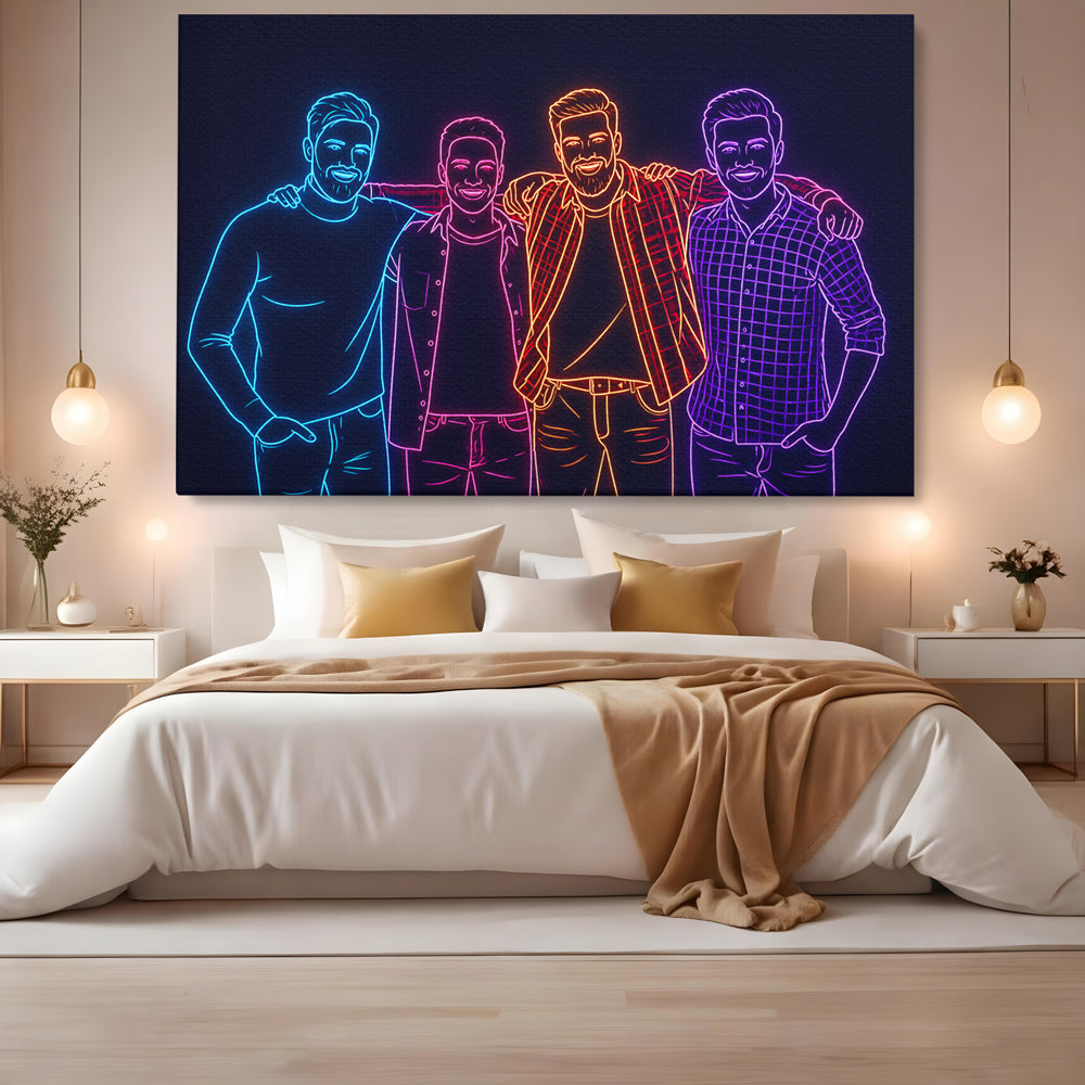 Tablou canvas cu patru prieteni in stil neon, pe perete intr-un dormitor
