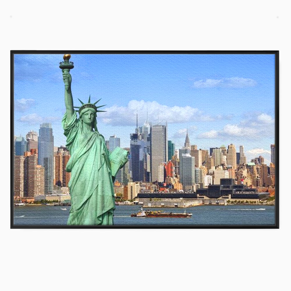 Tablou canvas cu statuia libertatii si orizontul manhattan, in rama de aluminiu negru