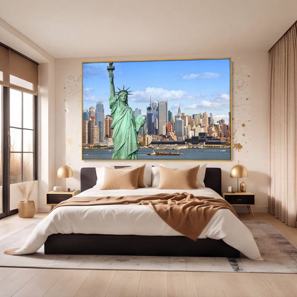 Tablou canvas cu statuia libertatii si orizontul manhattan, in rama de aluminiu auriu, pe perete intr-un dormitor