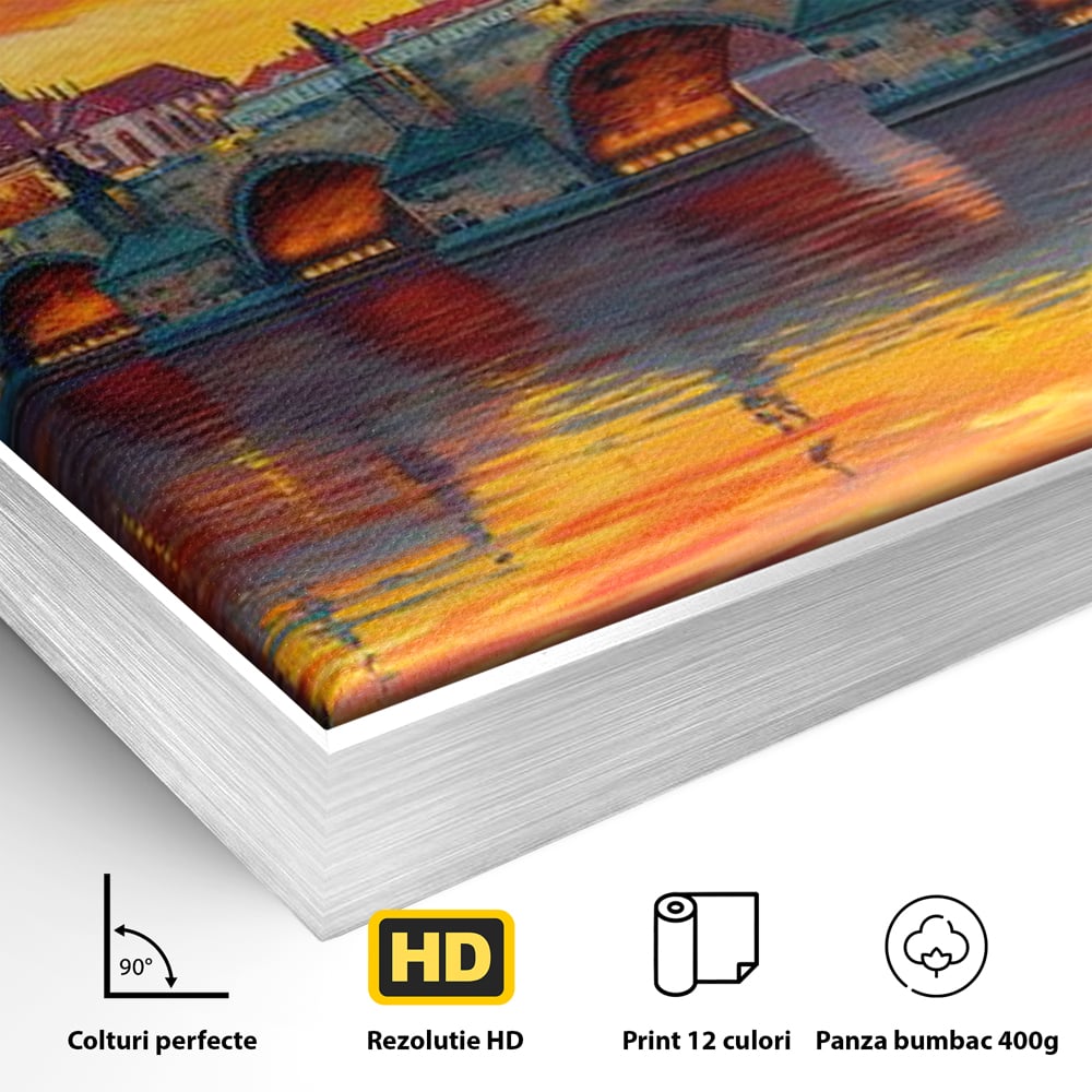 Detaliu al suprafetei: tablou canvas cu apus de asfintit peste praga, in rama de aluminiu argintiu
