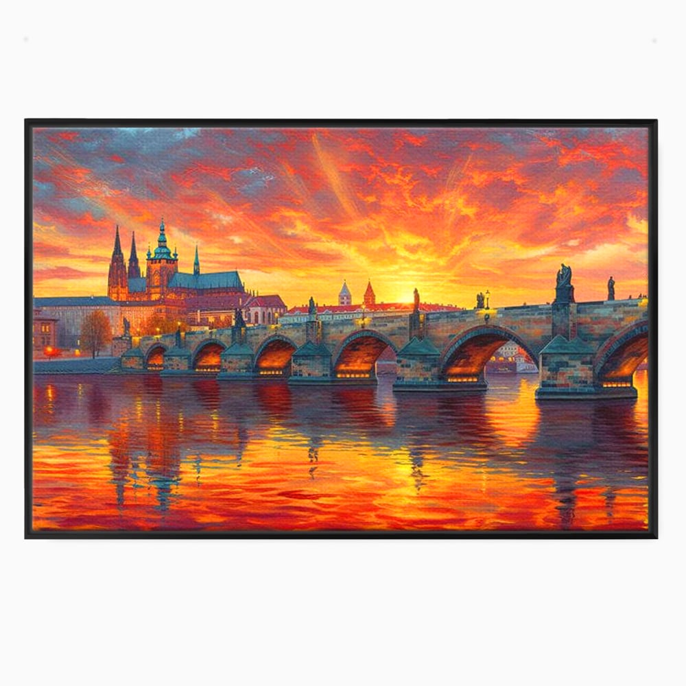 Tablou canvas cu tablou canvas cu apus de asfintit peste praga, in rama de aluminiu negru