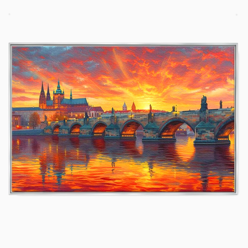 Tablou canvas cu tablou canvas cu apus de asfintit peste praga, in rama de aluminiu argintiu