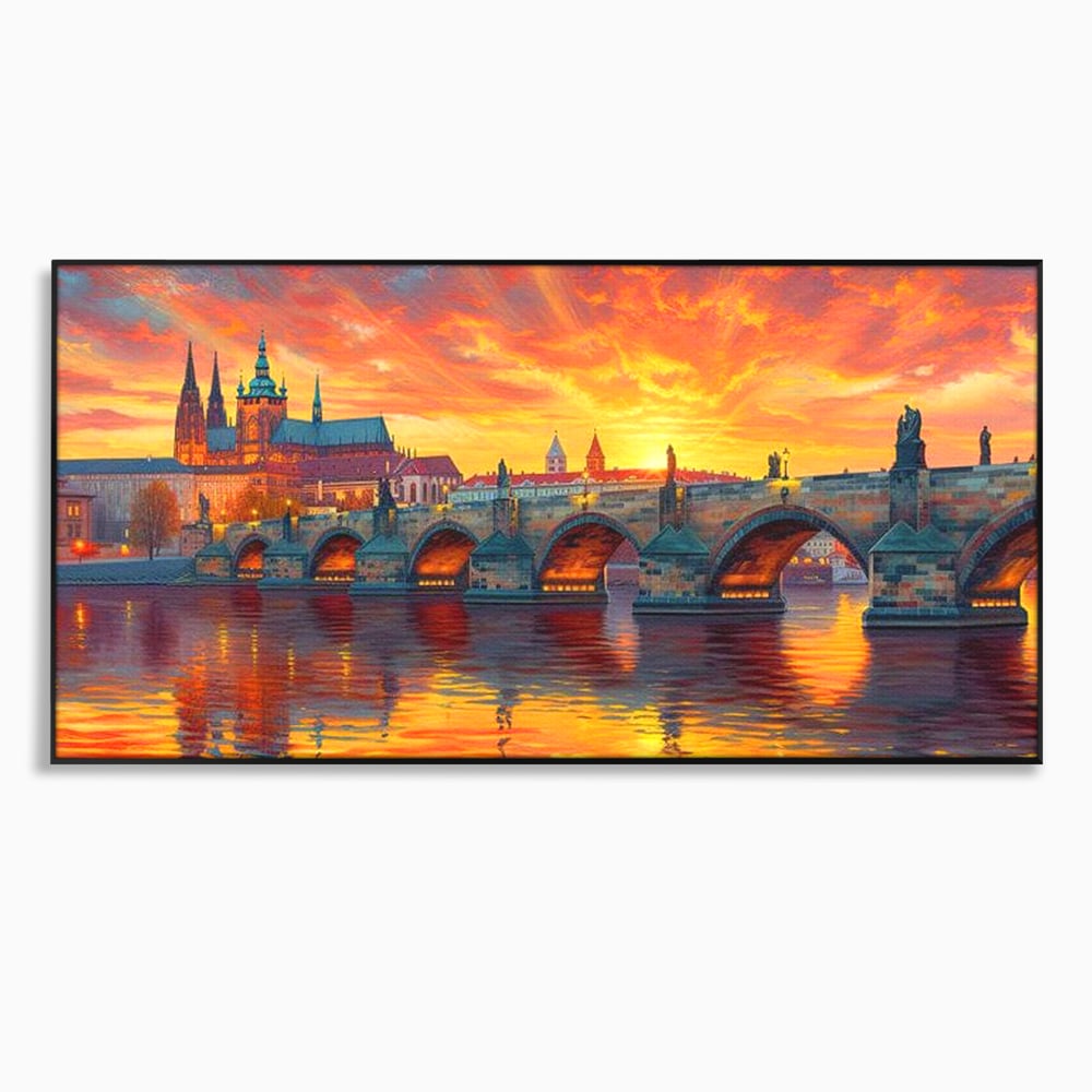 Tablou canvas cu tablou canvas cu apus de asfintit peste praga, in rama de aluminiu negru