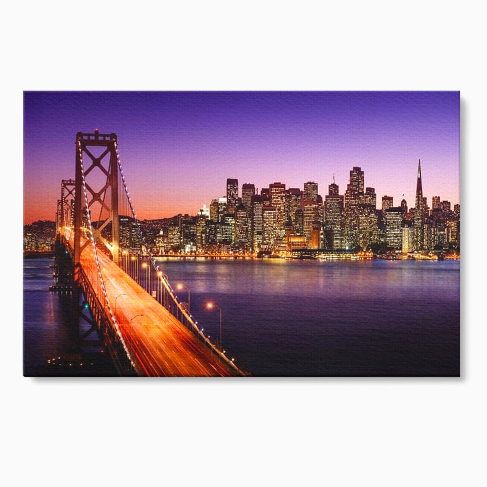 Tablou canvas cu tablou canvas cu podul si orasul san francisco noaptea, fara rama, pe sasiu de lemn
