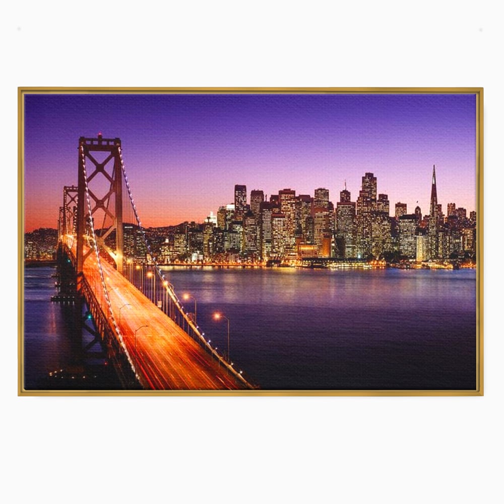 Tablou canvas cu tablou canvas cu podul si orasul san francisco noaptea, in rama de aluminiu auriu