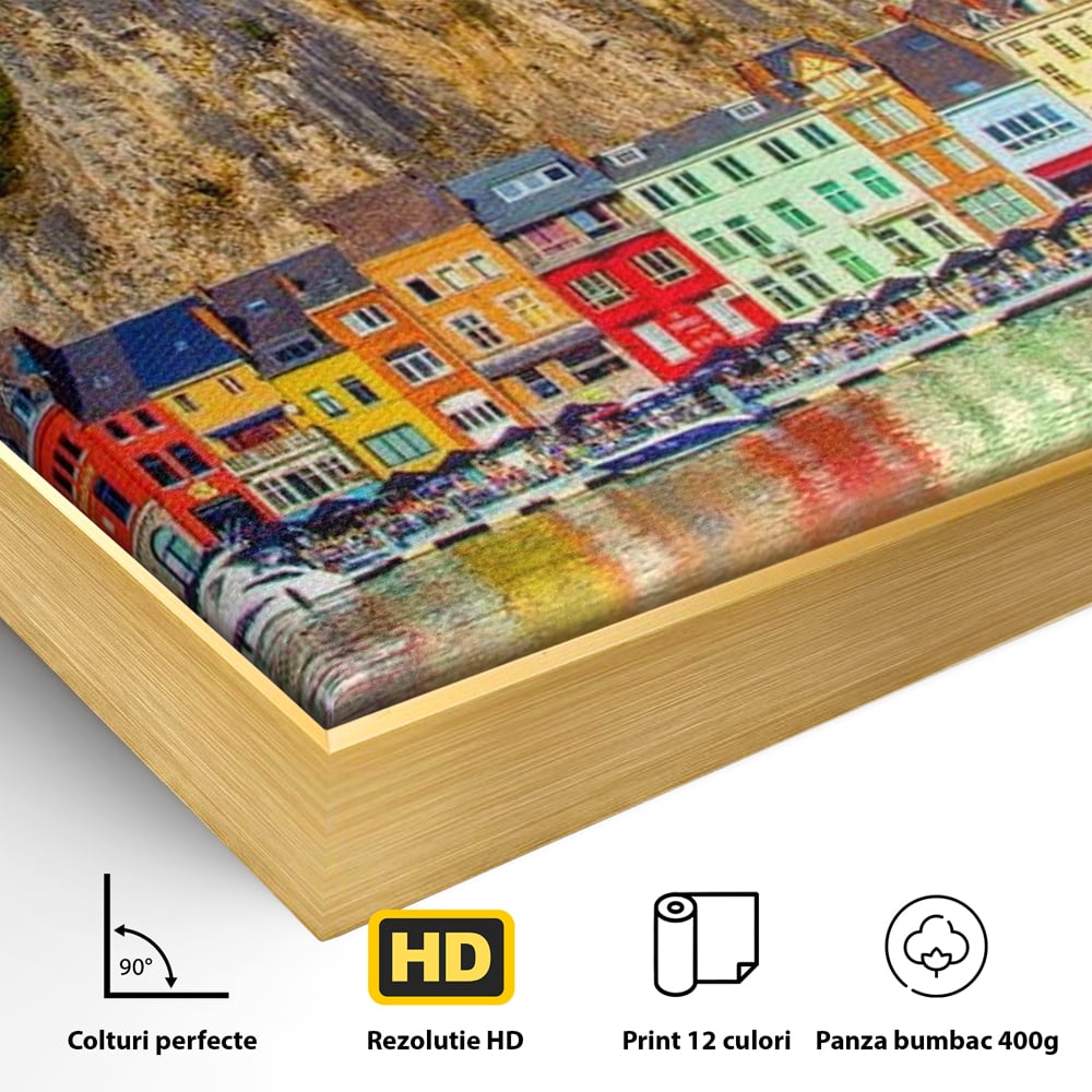Detaliu al suprafetei: tablou canvas peisaj urban belgia, in rama de aluminiu auriu