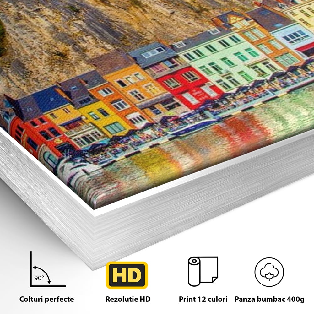 Detaliu al suprafetei: tablou canvas peisaj urban belgia, in rama de aluminiu argintiu