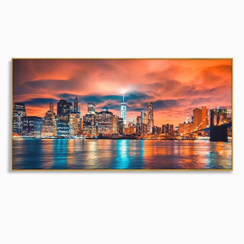 Tablou canvas cu tablou canvas cu peisaj urban nocturn, in rama de aluminiu auriu