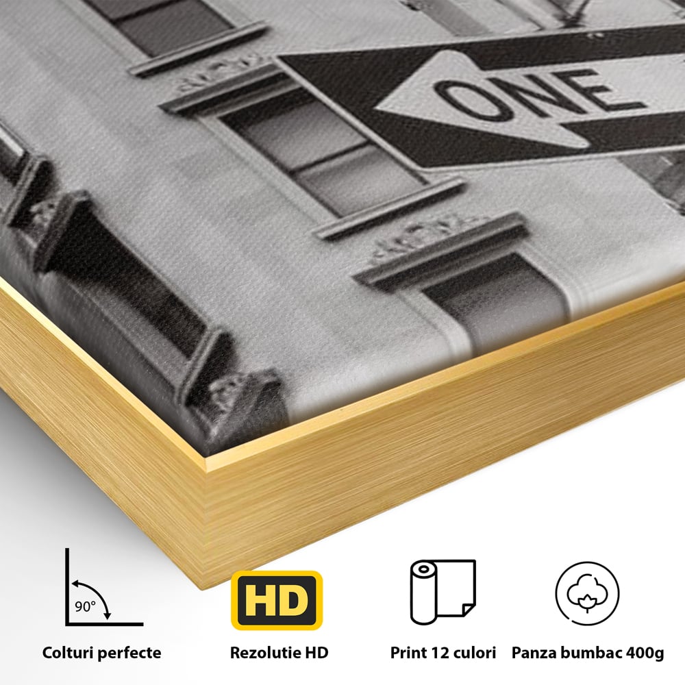 Detaliu al suprafetei: tablou canvas cu indicatorul broadway, in rama de aluminiu auriu