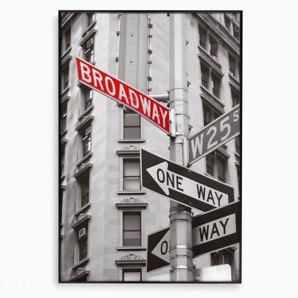 Tablou canvas cu tablou canvas cu indicatorul broadway, in rama de aluminiu negru