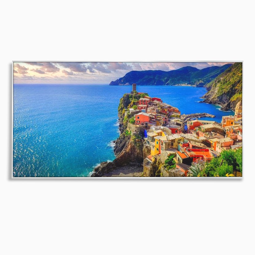 Tablou canvas cu peisaj costier italian cu sat colorat pe stanca, in rama de aluminiu argintiu