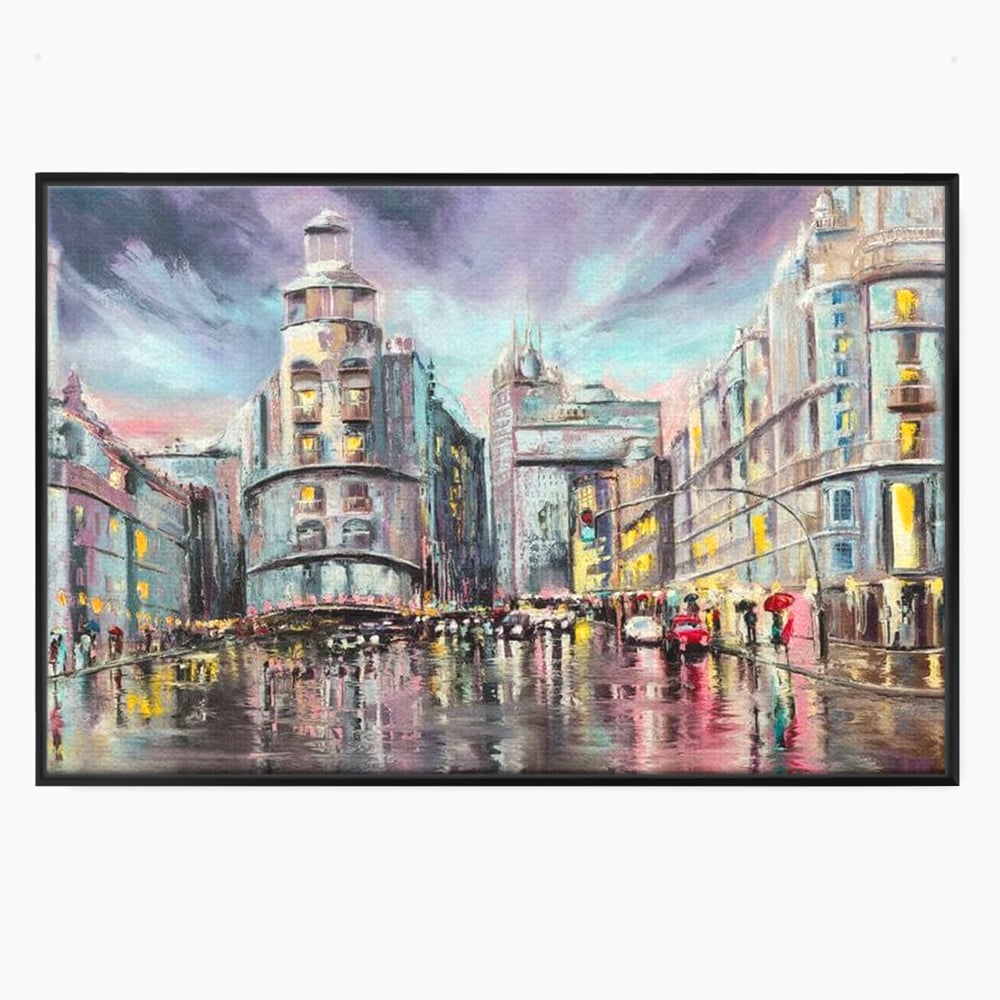 Tablou canvas cu pictura urbana cu strada ploioasa, in rama de aluminiu negru