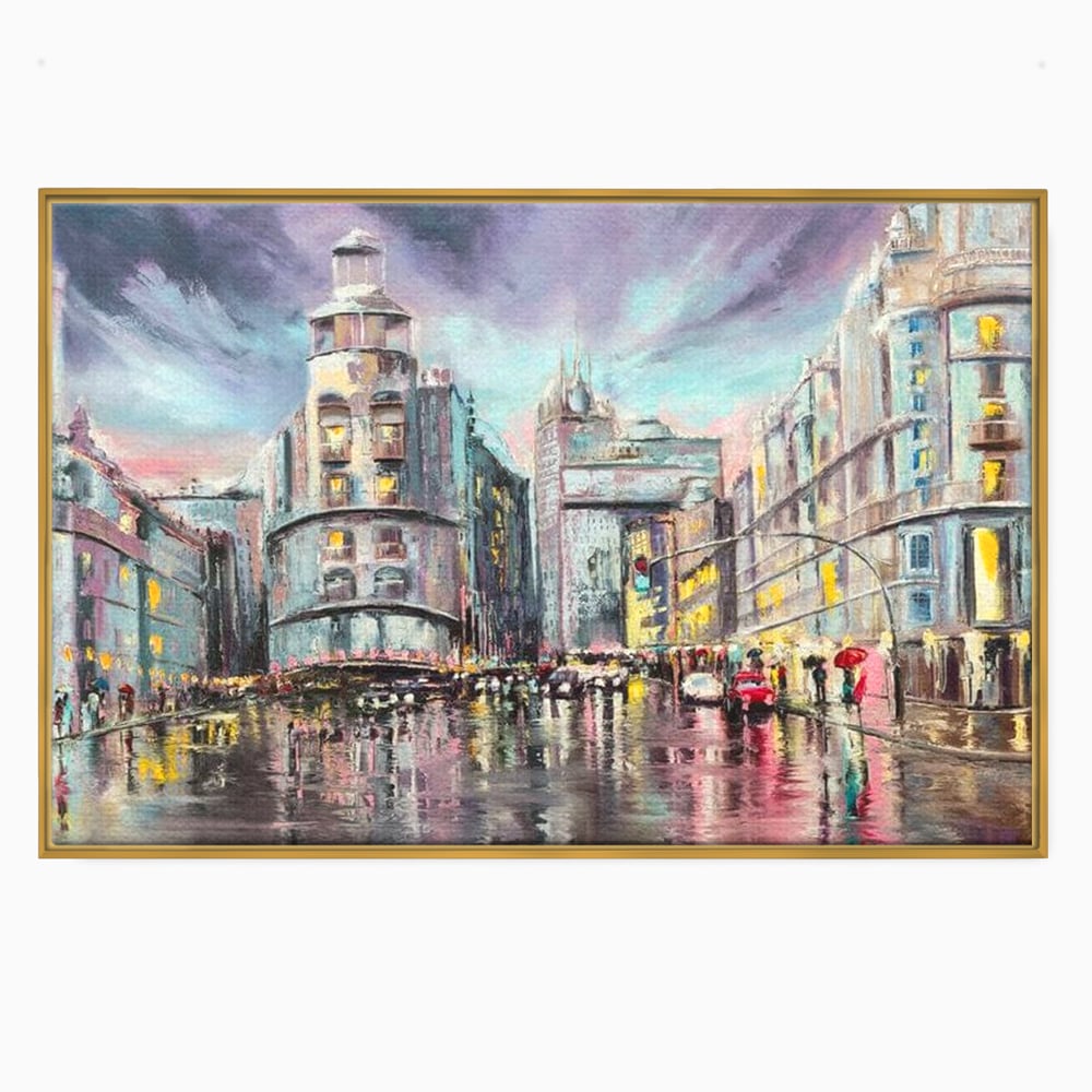 Tablou canvas cu pictura urbana cu strada ploioasa, in rama de aluminiu auriu
