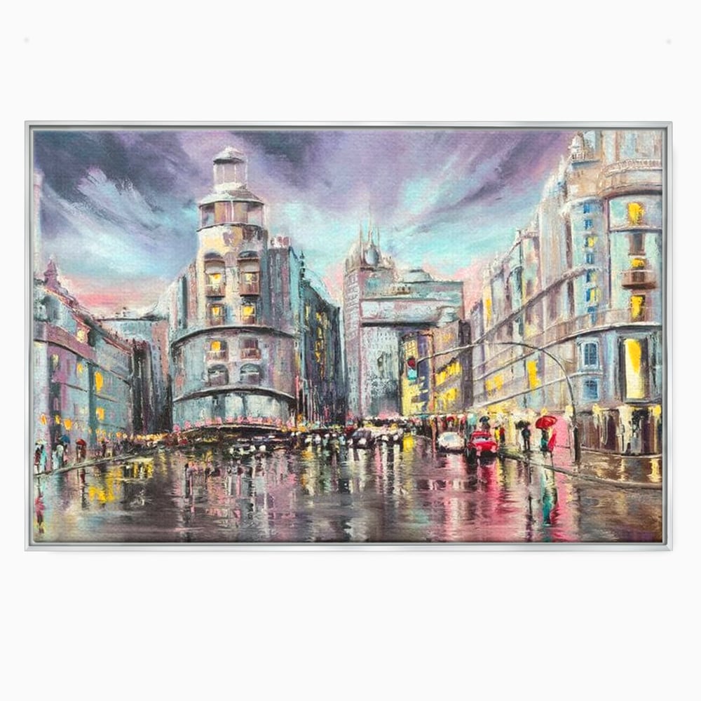 Tablou canvas cu pictura urbana cu strada ploioasa, in rama de aluminiu argintiu