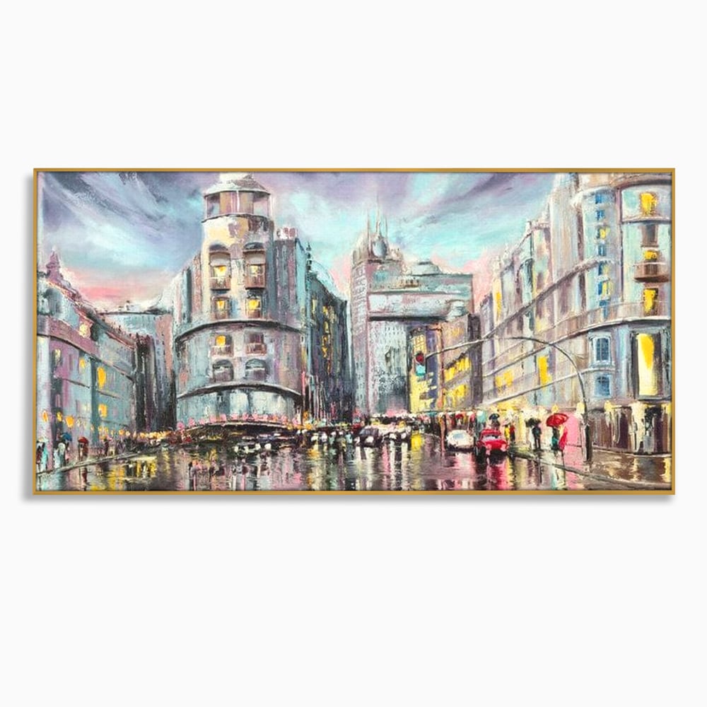 Tablou canvas cu pictura urbana cu strada ploioasa, in rama de aluminiu auriu