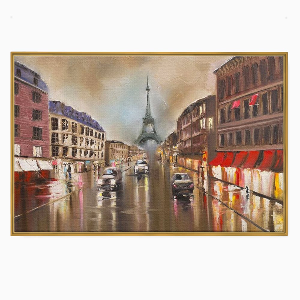 Tablou canvas cu pictura stradala cu turnul eiffel in ploaie, in rama de aluminiu auriu