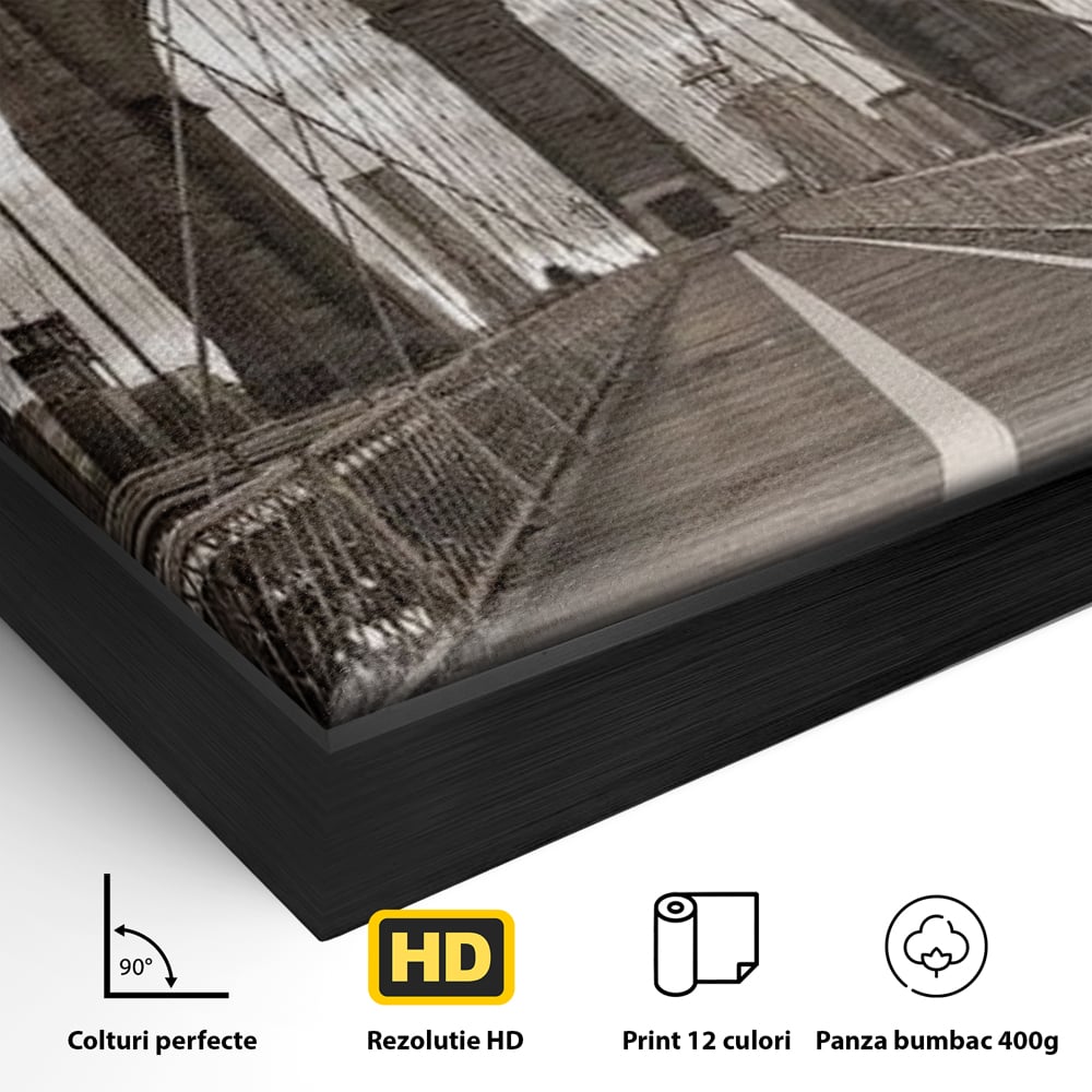 Detaliu al suprafetei: fotografie verticala cu podul din new york, in rama de aluminiu negru