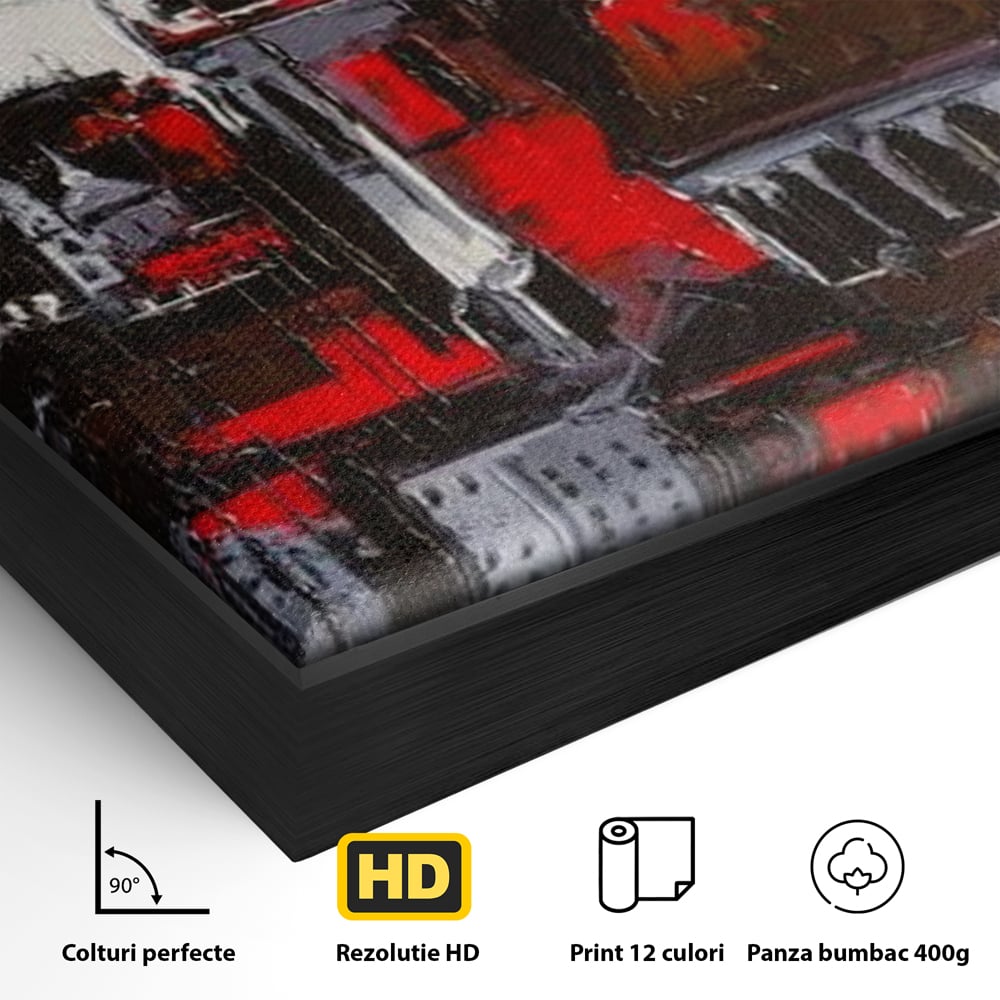 Detaliu al suprafetei: pictura canvas cu turle gotice si accente rosii, in rama de aluminiu negru